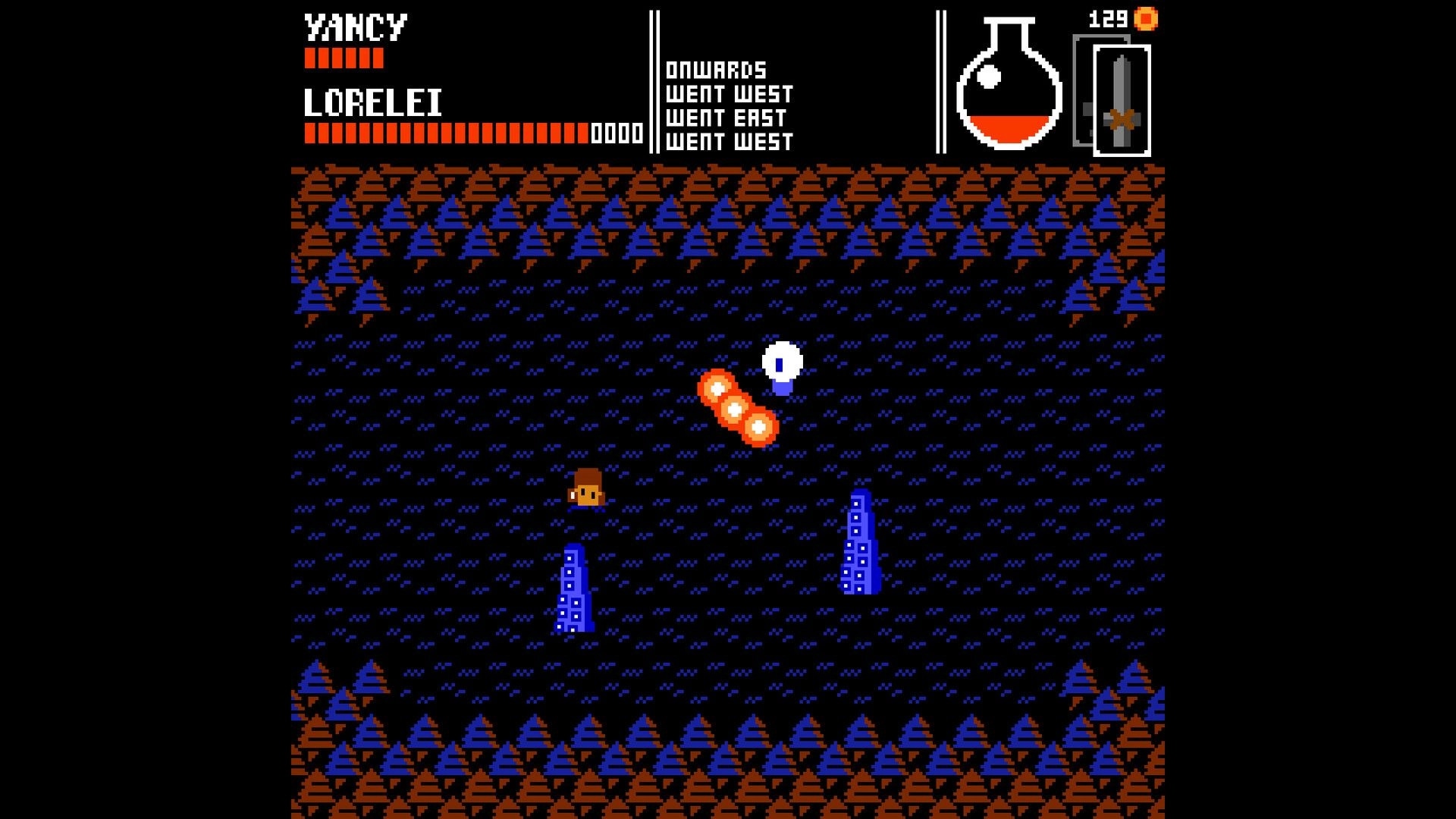 YANCY: Overhead combat with a small hero dodging fireballs in a dark forest clearing HUD visible.