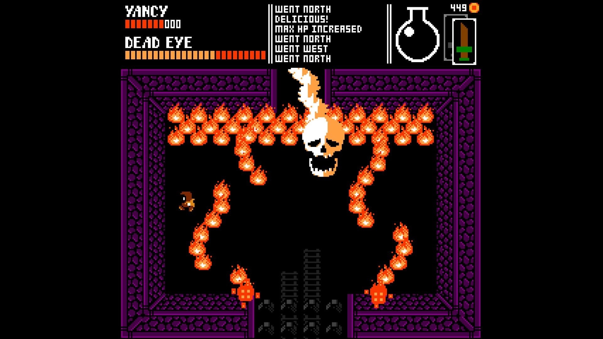 YANCY: Boss fight vs Dead Eye flaming skull with fire trails in a purple stone dungeon room UI visible.