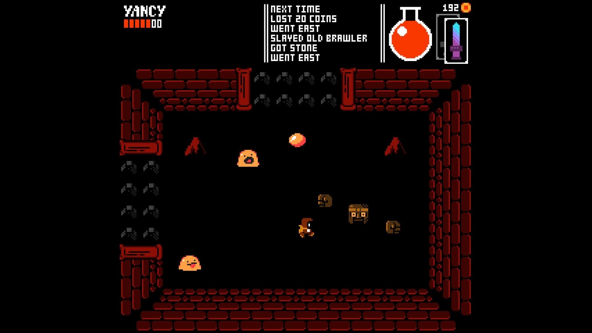 YANCY: Hero fights slimes and skull foes in brick dungeon room, with potion, sword, and log UI.