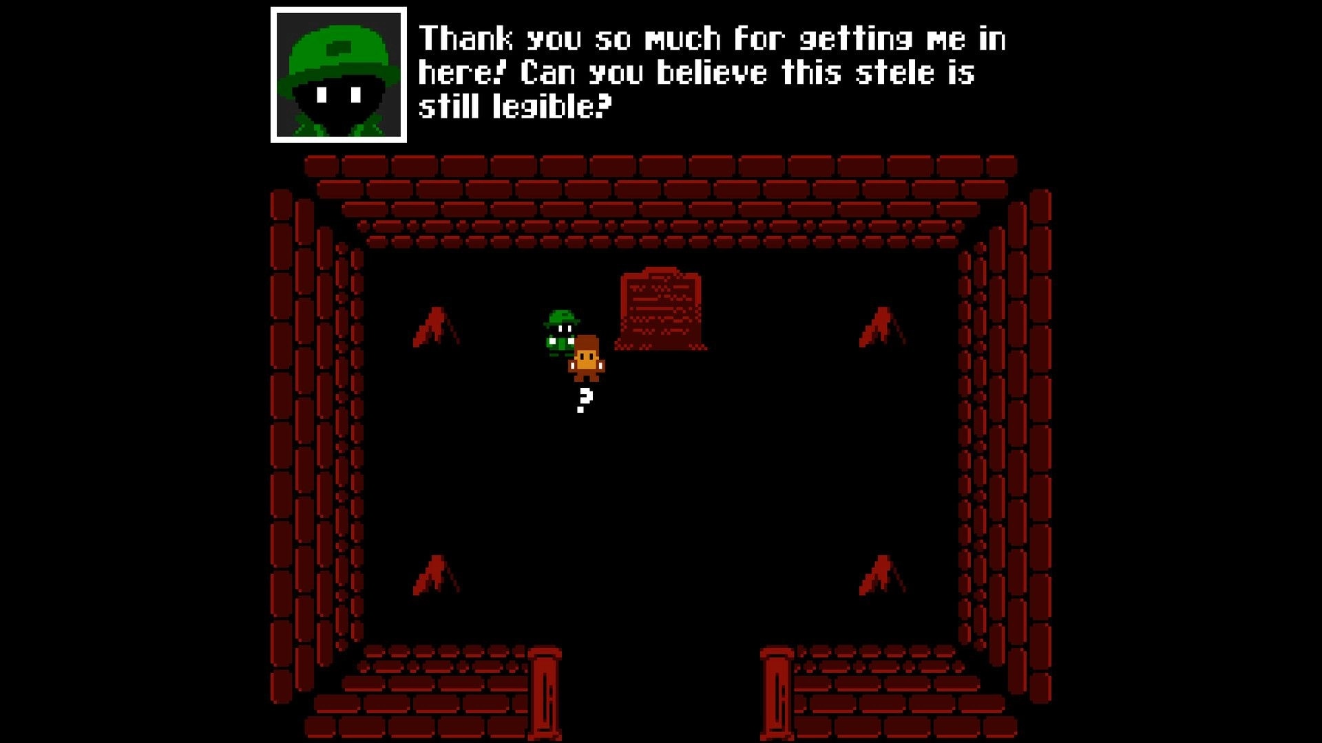 YANCY: Dialogue with hooded NPC as hero stands by a stone stele in a red-brick dungeon room.