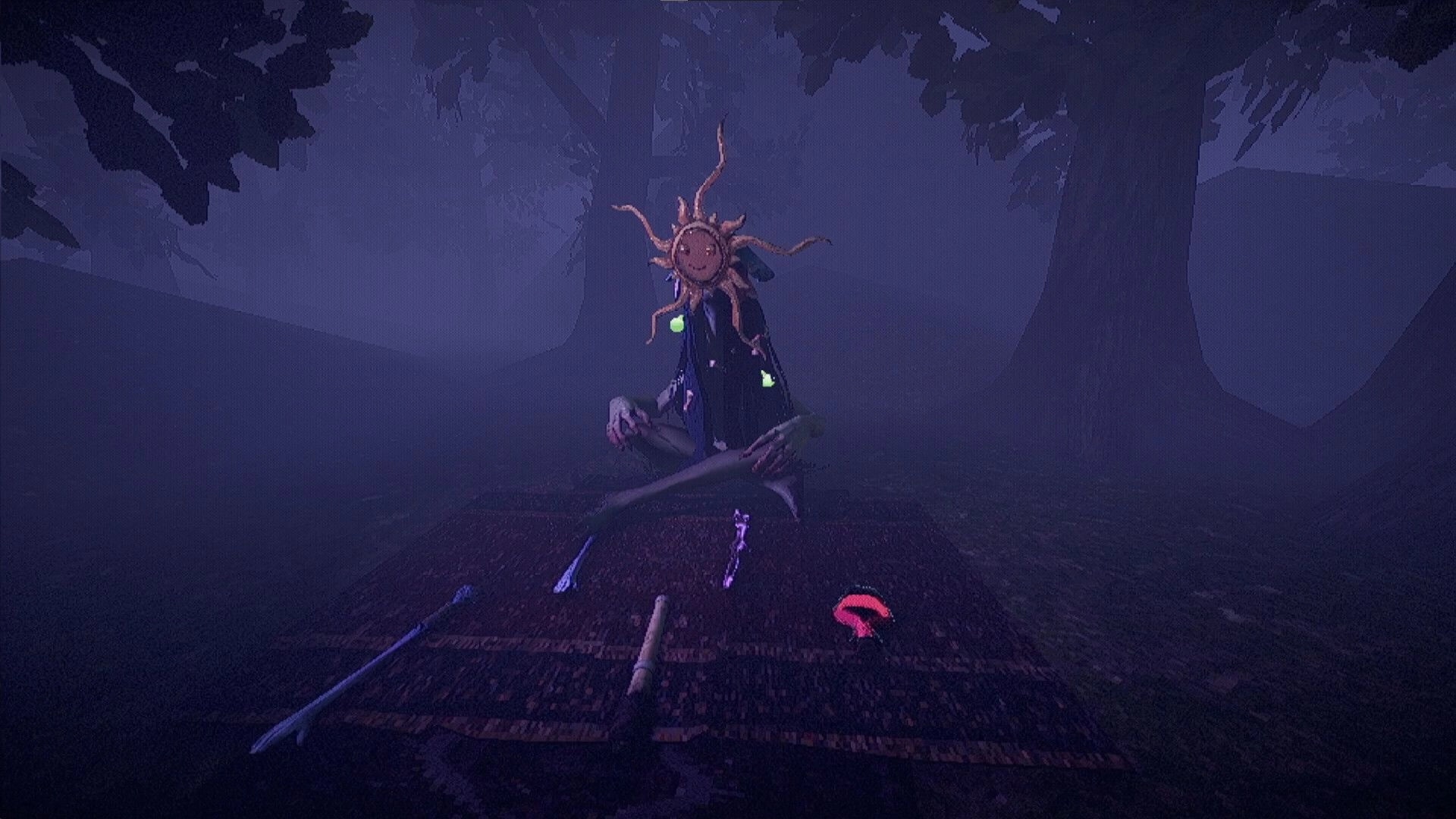 YAPYAP: Mysterious figure with sun mask sits at a table in dark forest clearing, surrounded by trees.