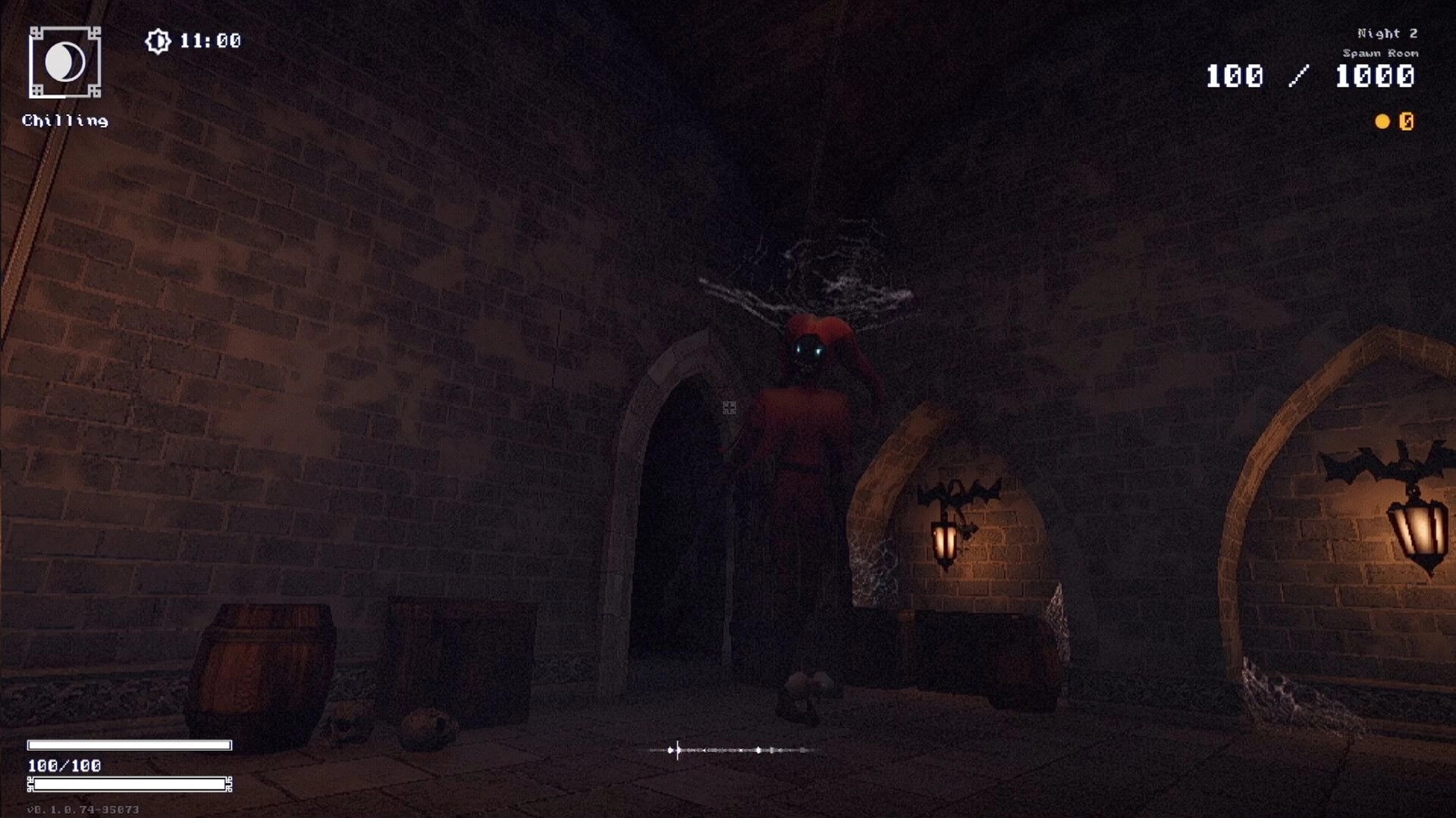 YAPYAP: Spooky red-cloaked figure with glowing eyes in dimly lit tower hallway, UI shows health and time.