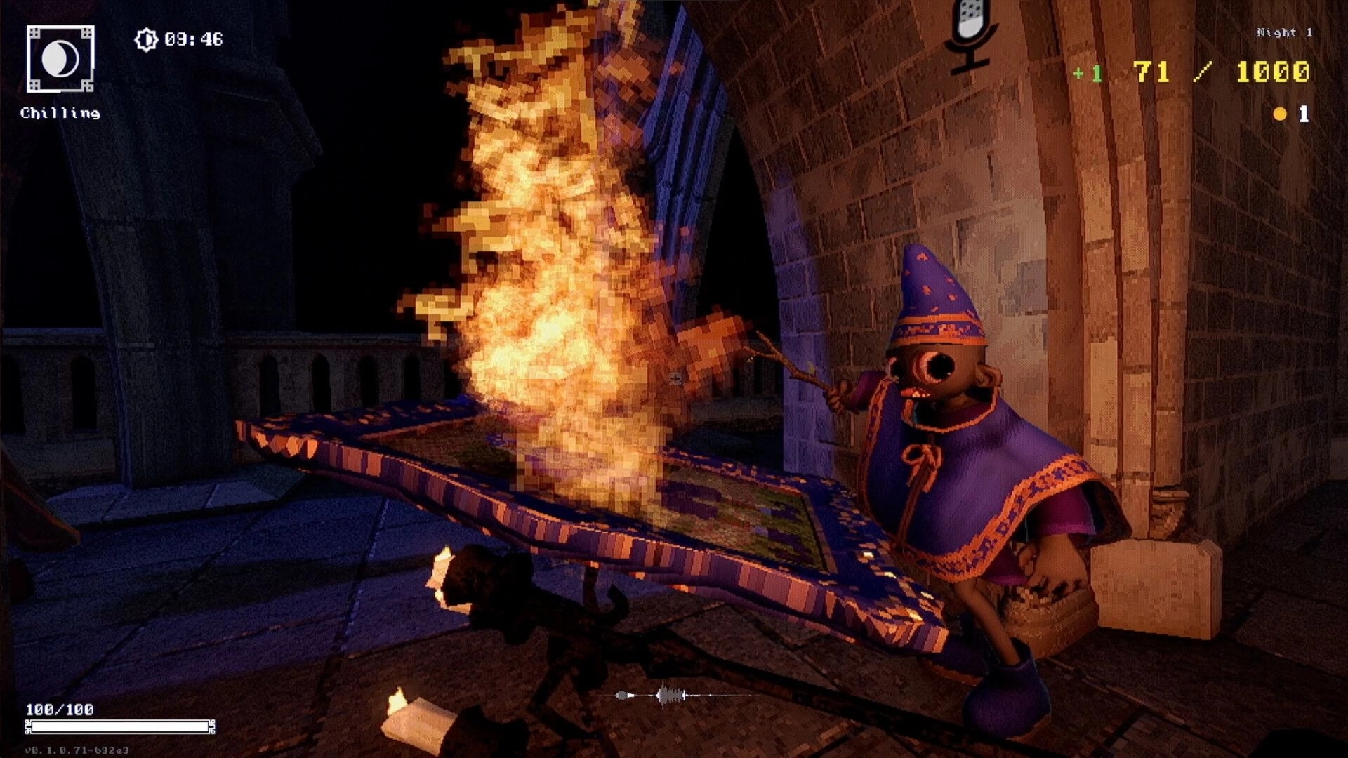 YAPYAP: Wizard minion casts fire spell on floating carpet in dimly lit stone hallway, UI elements visible.
