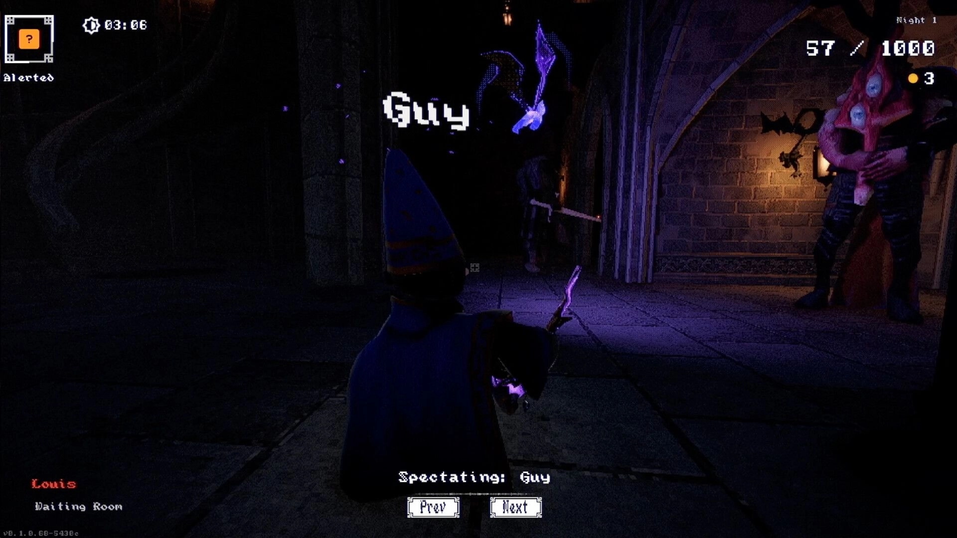 YAPYAP: Wizard minion spectating "Guy" while a creature lurks in a dimly lit archmage's tower hallway.
