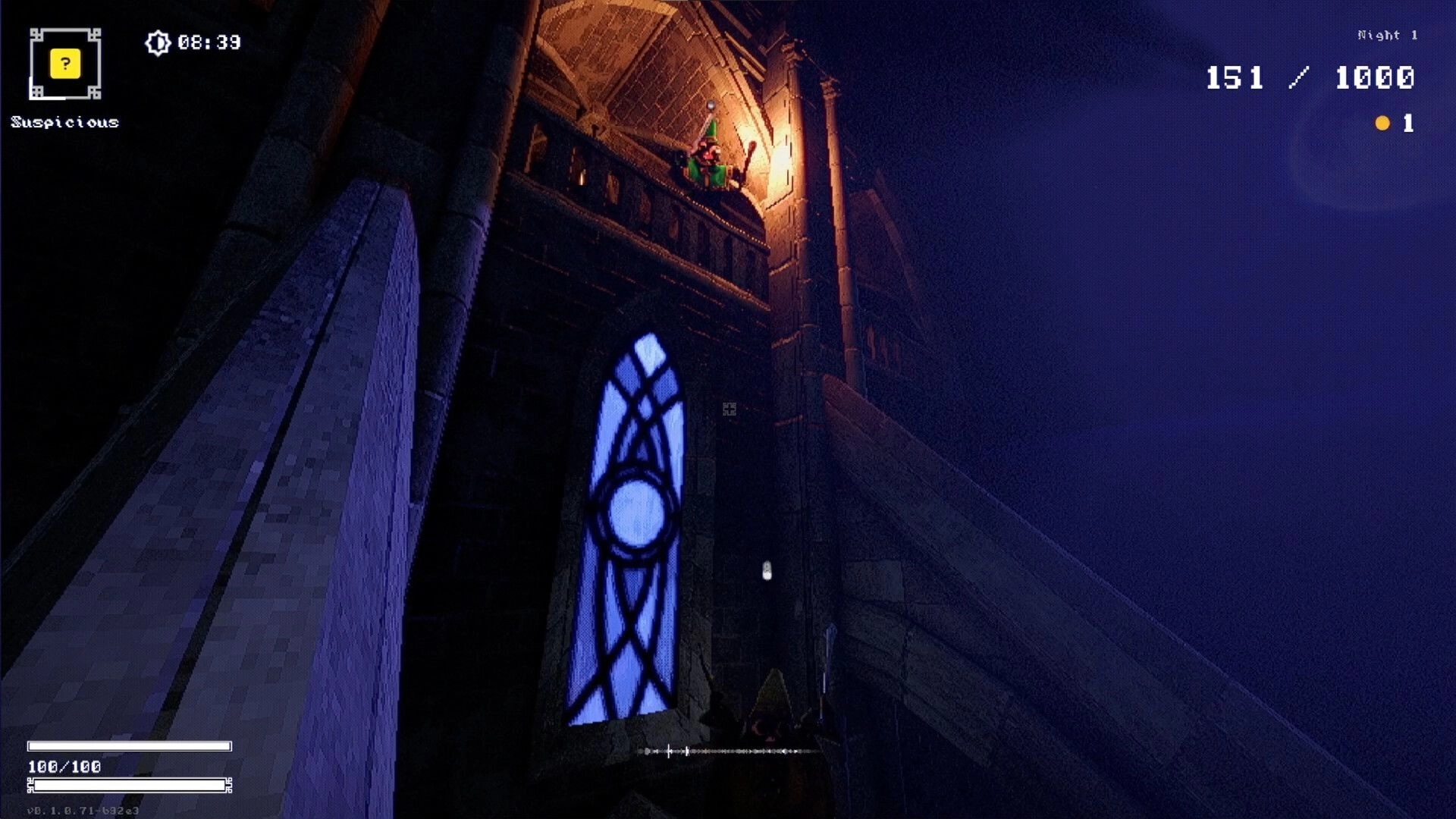 YAPYAP: Wizard minion sneaks on balcony in dimly lit tower, HUD shows health and time remaining.