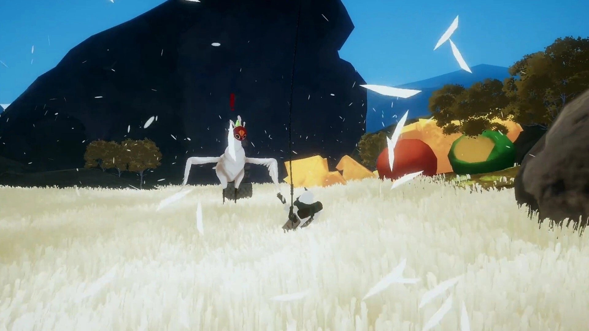 YARETA: Investigator using Skybound Rope to escape giant bird in grassy field with colorful boulders