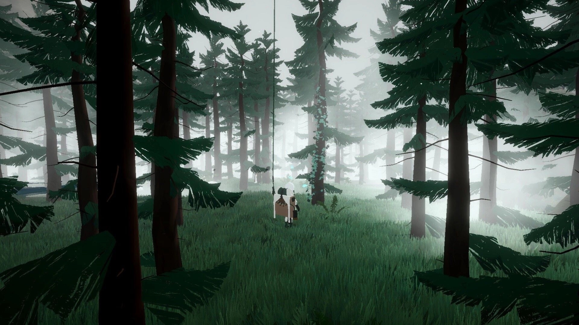 YARETA: Investigator walking through misty forest using Skybound Rope amidst tall, dense trees