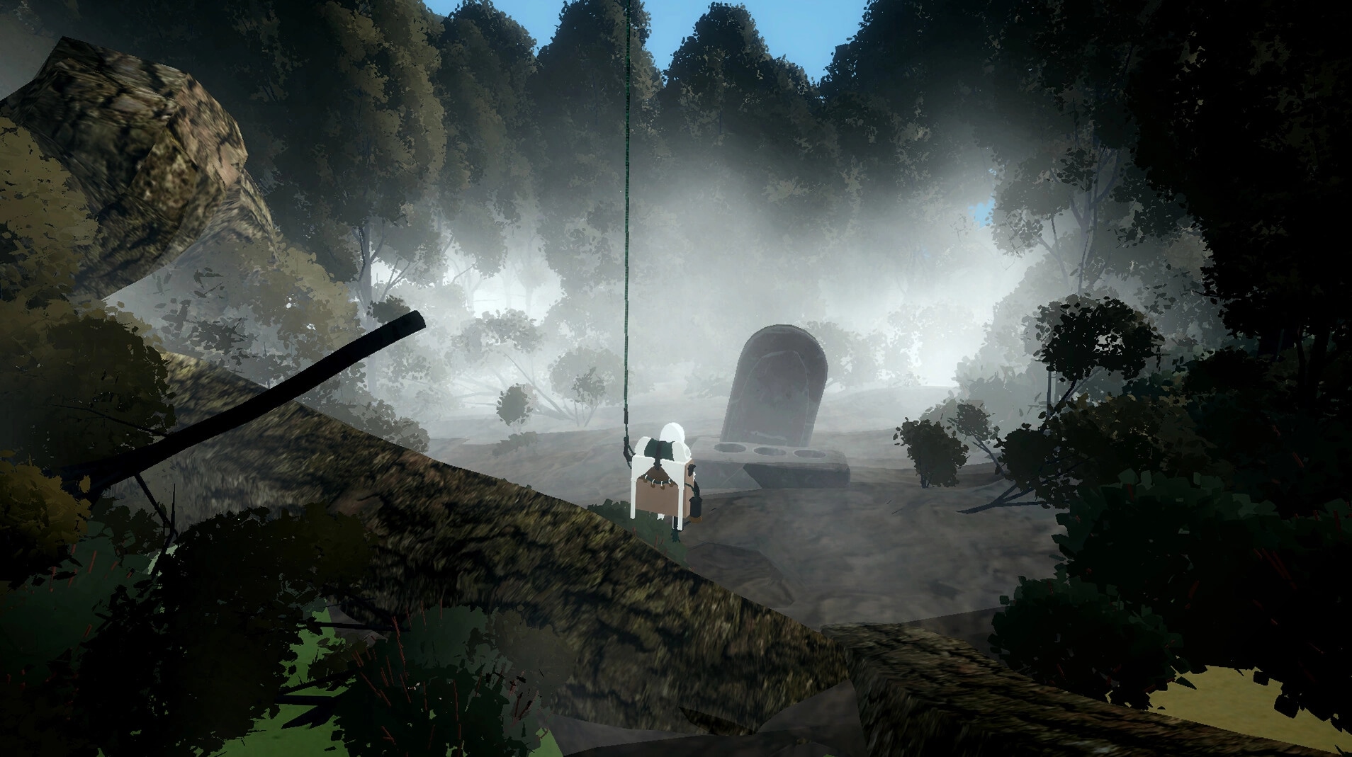 YARETA: Character using Skybound Rope in foggy forest near ancient stone structure