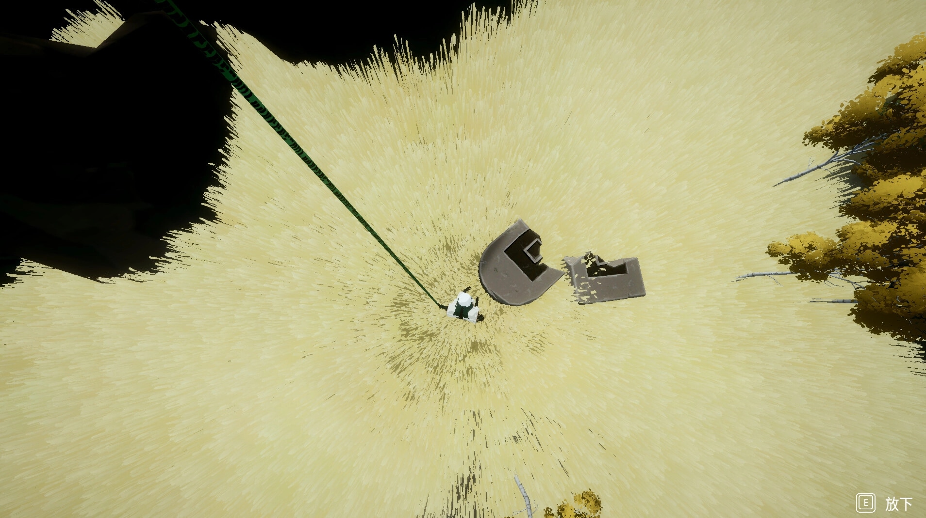 YARETA: Investigator descends using Skybound Rope above grassy landscape with ruins and scattered trees.