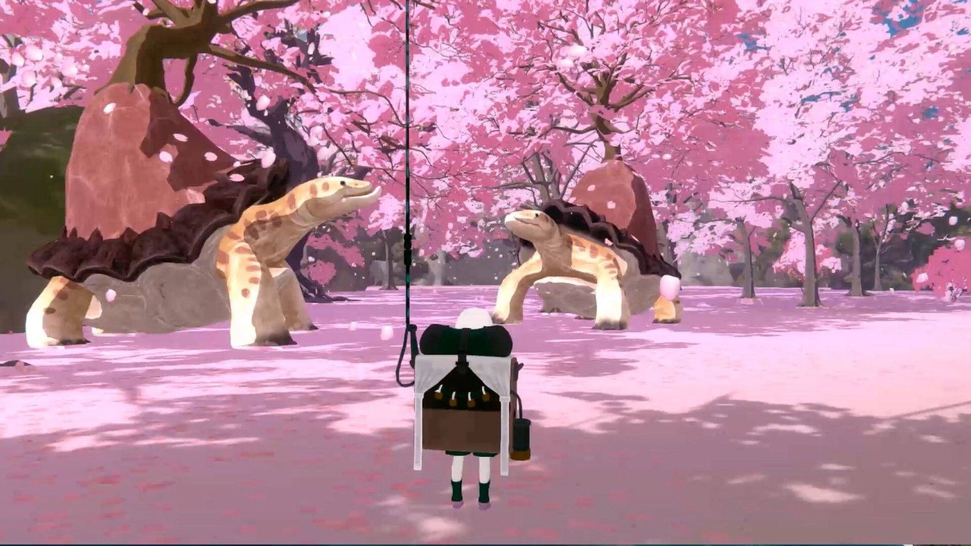 YARETA: Investigator facing giant turtles under cherry blossoms, holding Skybound Rope in vibrant forest.