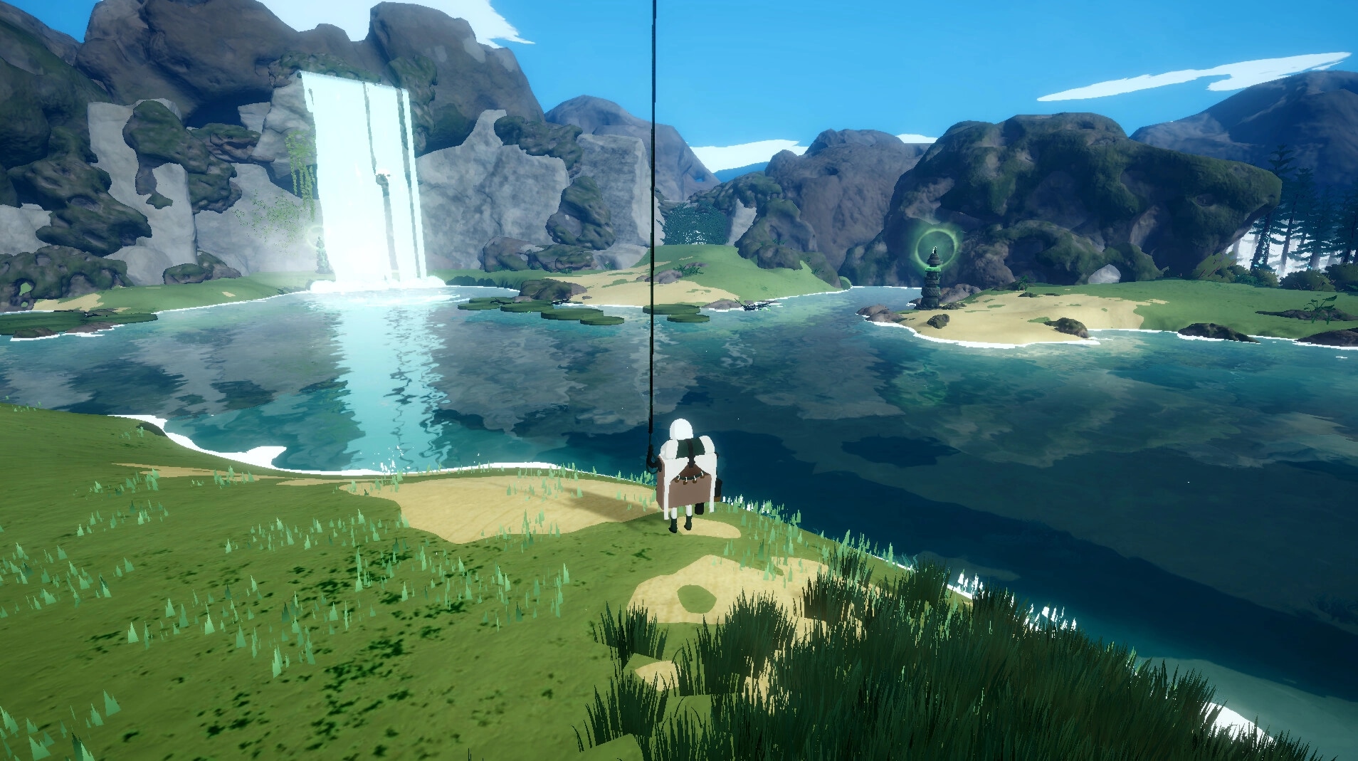 YARETA: Investigator using Skybound Rope near waterfall in lush, mountainous landscape