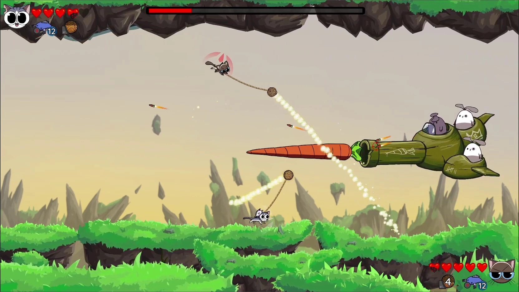 Yarn Guardians: Flying cats attack a giant carrot-shaped enemy ship in a vibrant floating island landscape.