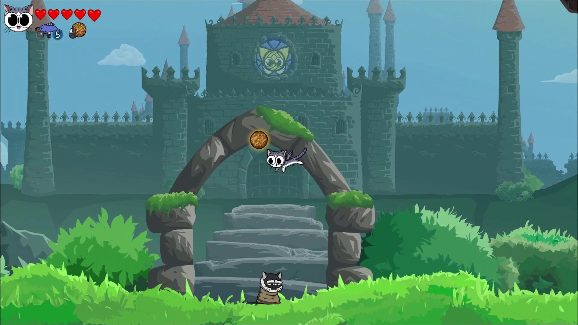 Yarn Guardians: Flying cat collects yarn coin under stone archway in front of a mystical castle