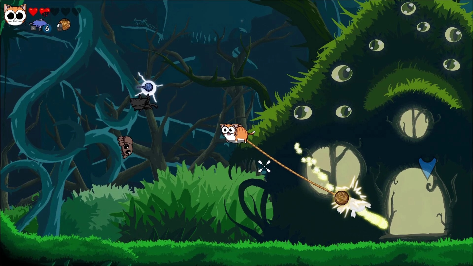 Yarn Guardians: Flying cat attacks with yarn ball in dark forest, UI shows health and yarn count