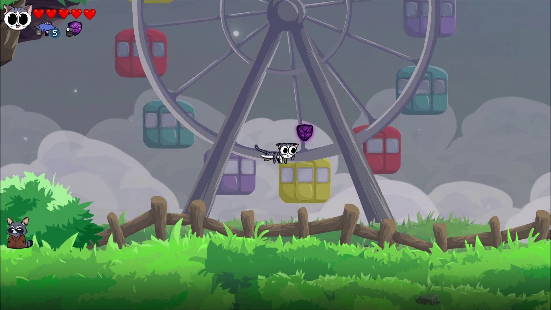 Yarn Guardians: Flying cat with yarn ball by Ferris wheel, health and items displayed on screen.