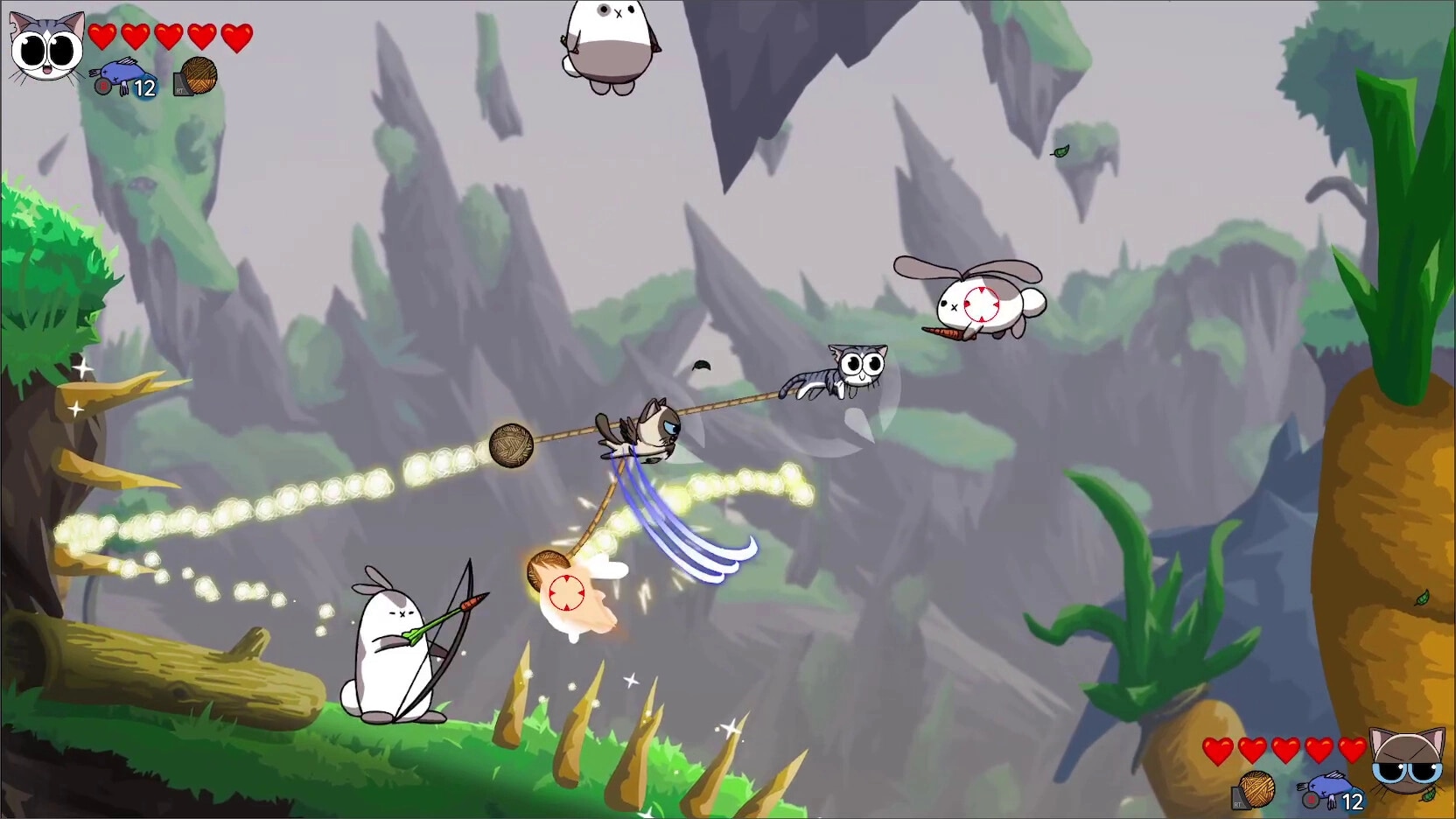 Yarn Guardians: Flying cats in aerial combat with yarn balls in a mountainous landscape