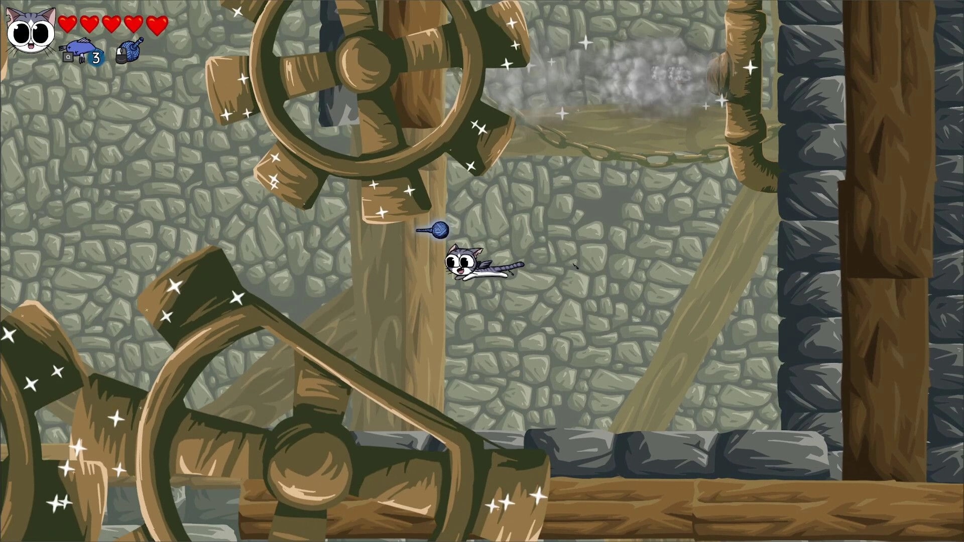 Yarn Guardians: Flying cat navigates gears in stone tower, health bar and yarn ball count visible