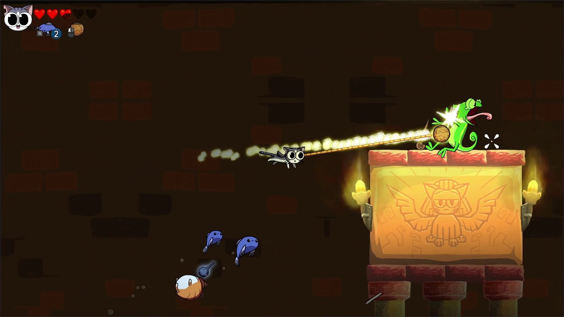 Yarn Guardians: Flying cat attacks chameleon with yarn ball in dark dungeon setting with mural backdrop