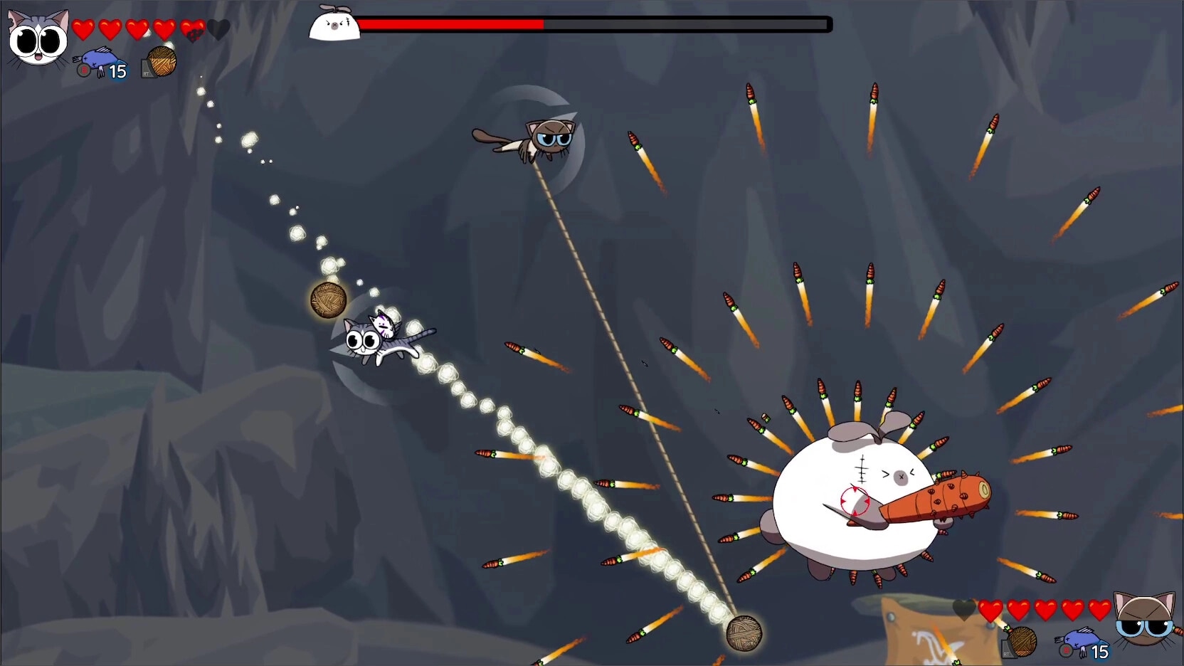Yarn Guardians: Flying cats engage in yarn ball combat against a large enemy in a dark cave setting.