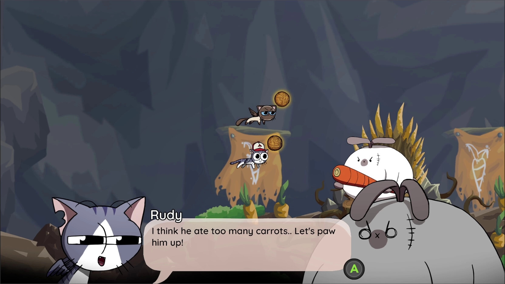 Yarn Guardians: Rudy and cats prepare for battle against a large bunny boss in a cave setting.