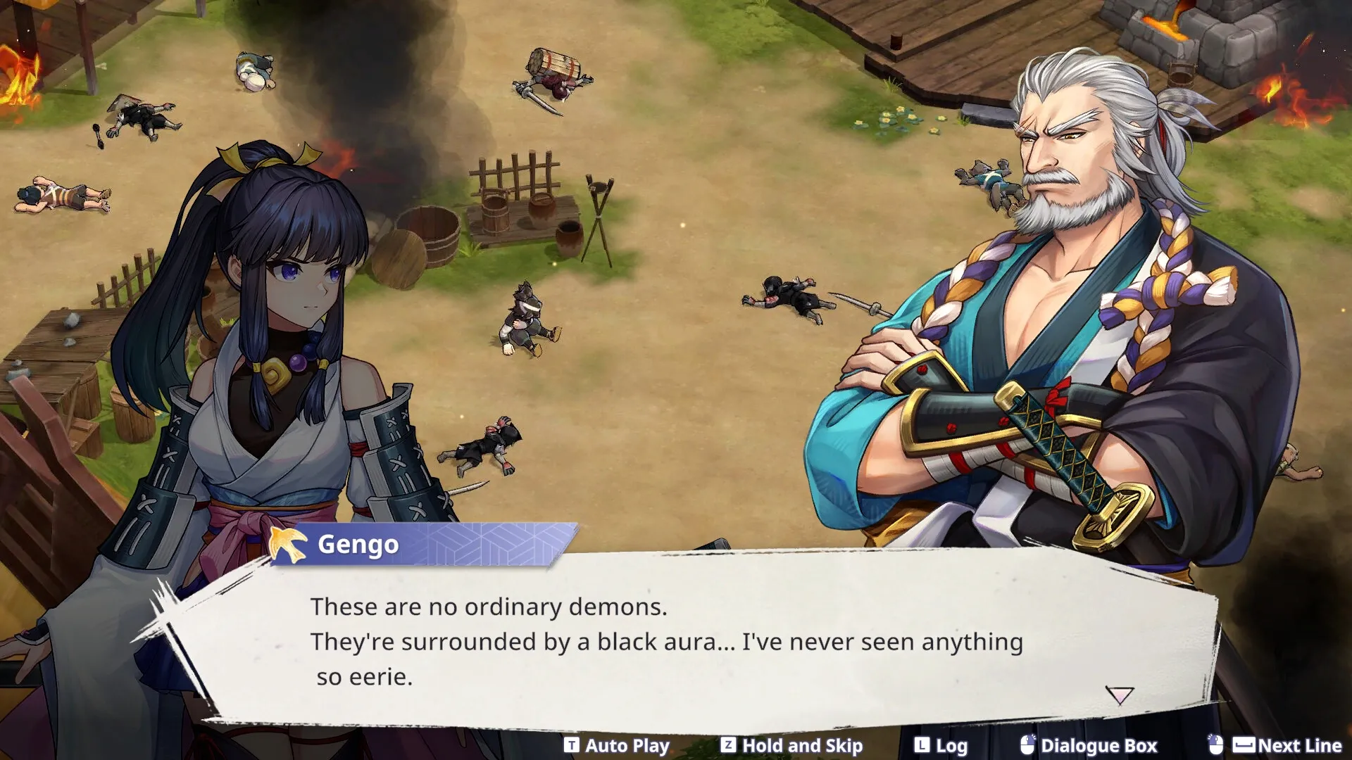 Yasha: Dialogue between two characters in a village scene with fallen enemies and burning buildings.