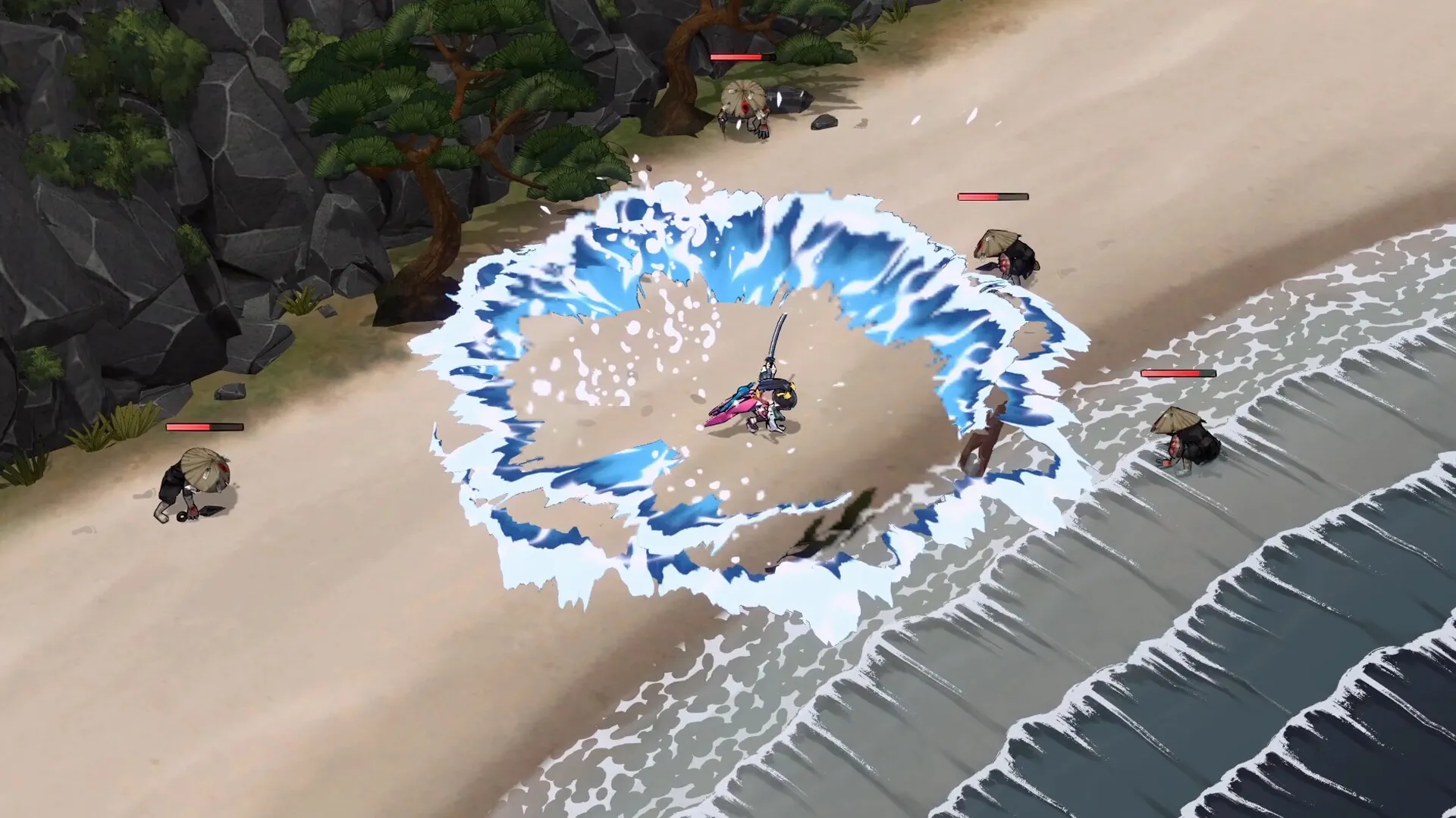 Yasha: Powerful sword slash creates a wave, battling enemies on a sandy beach near crashing waves.