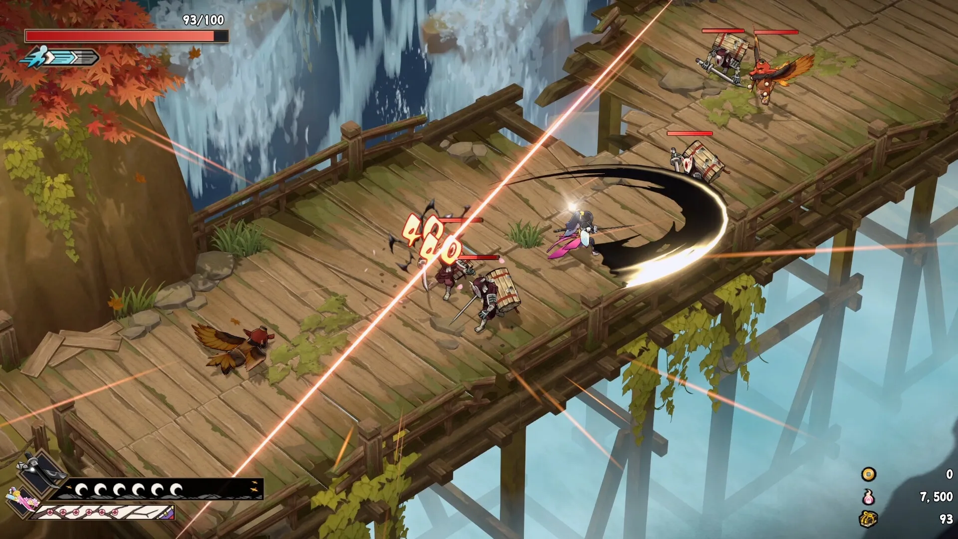 Yasha: Hero battles demons on a wooden bridge with health bar and damage numbers visible.