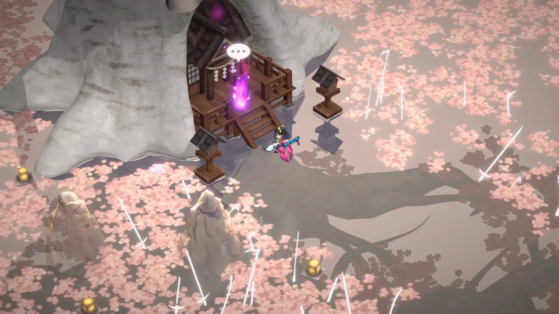 Yasha: Character approaches a shrine with glowing purple aura amidst cherry blossoms in serene landscape