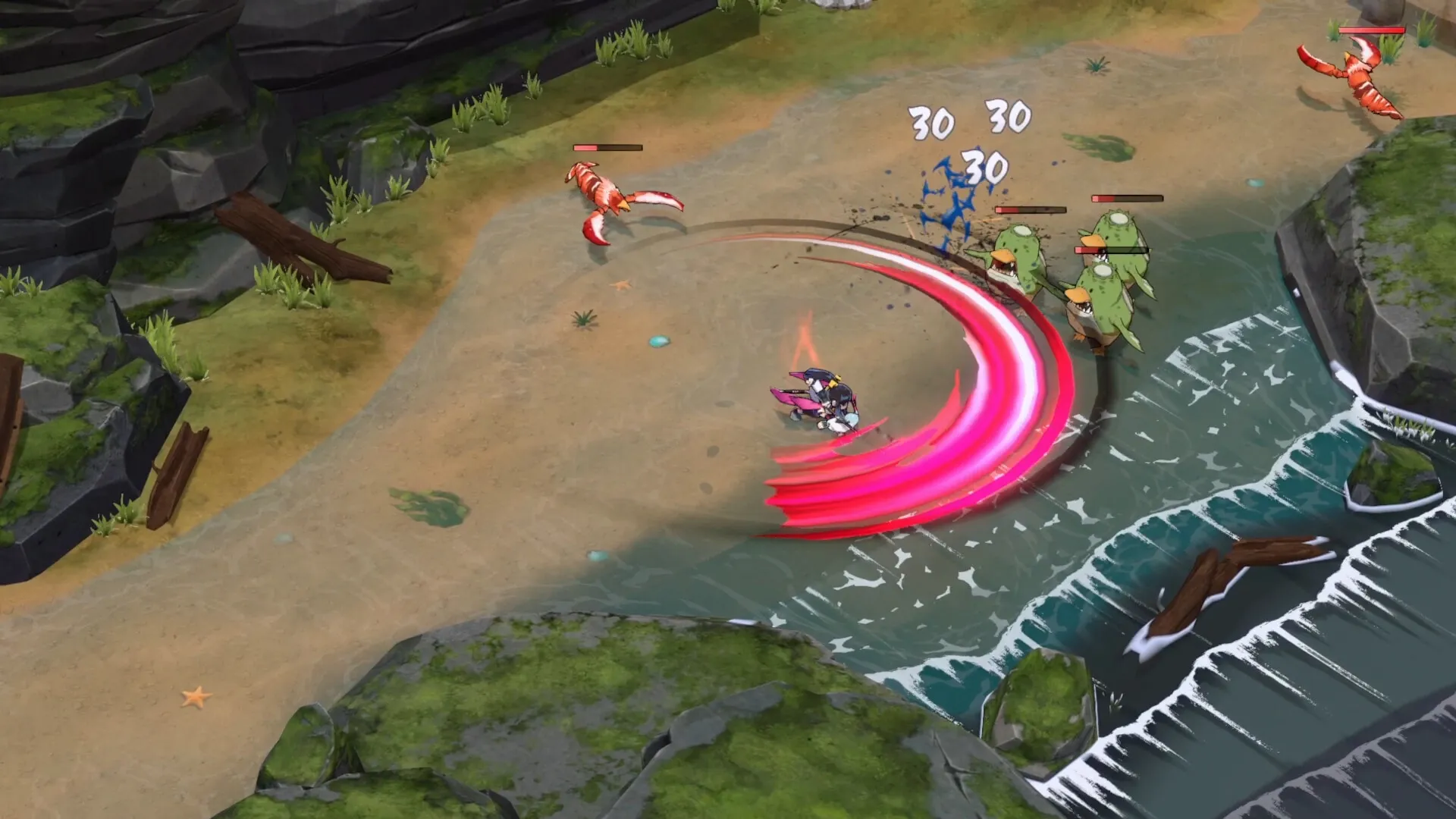 Yasha: Character unleashes a powerful sword slash against crab enemies on a beachside battlefield