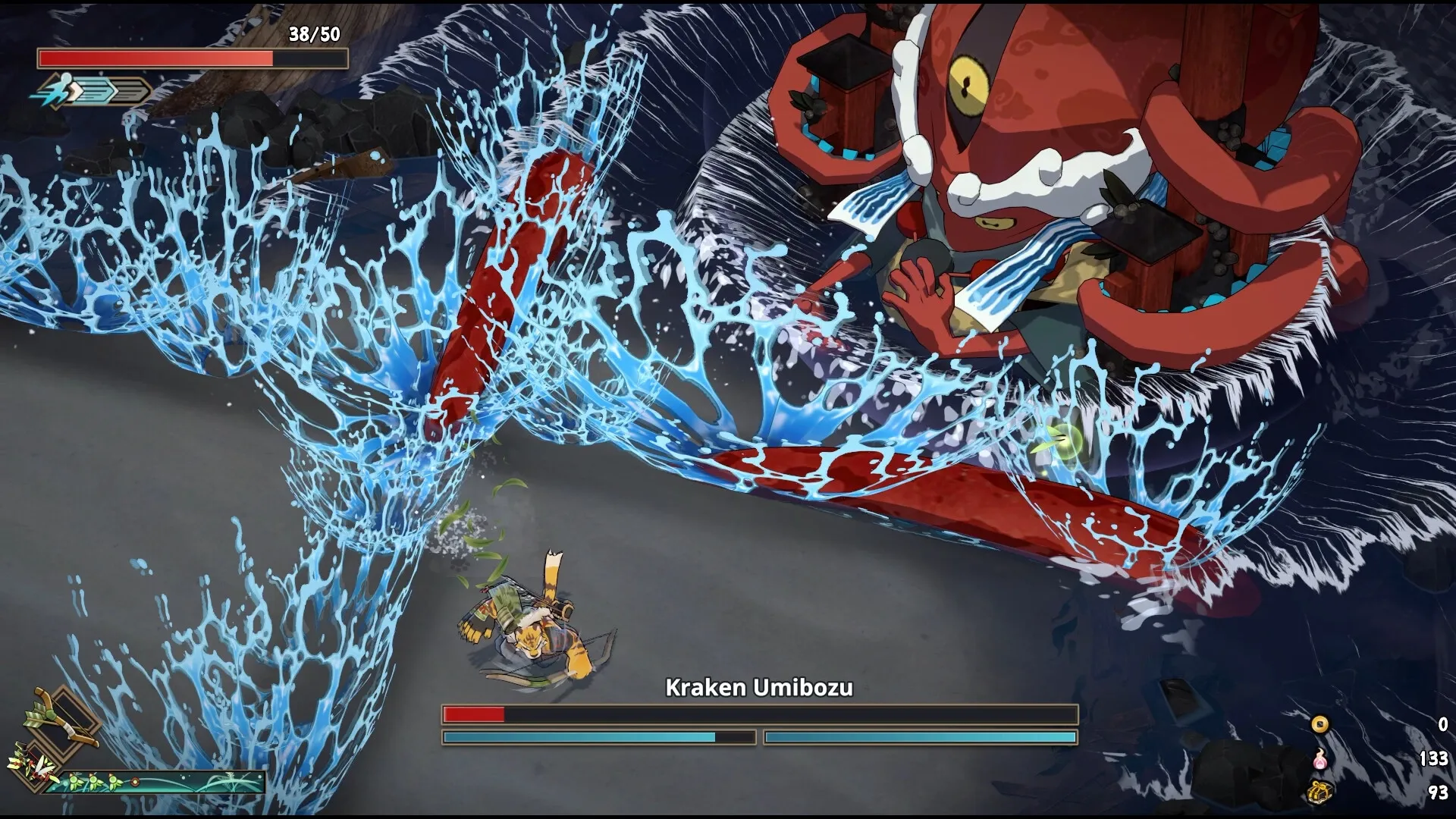 Yasha: Player battles Kraken Umibozu in a dynamic ocean setting with health bars and UI elements visible.