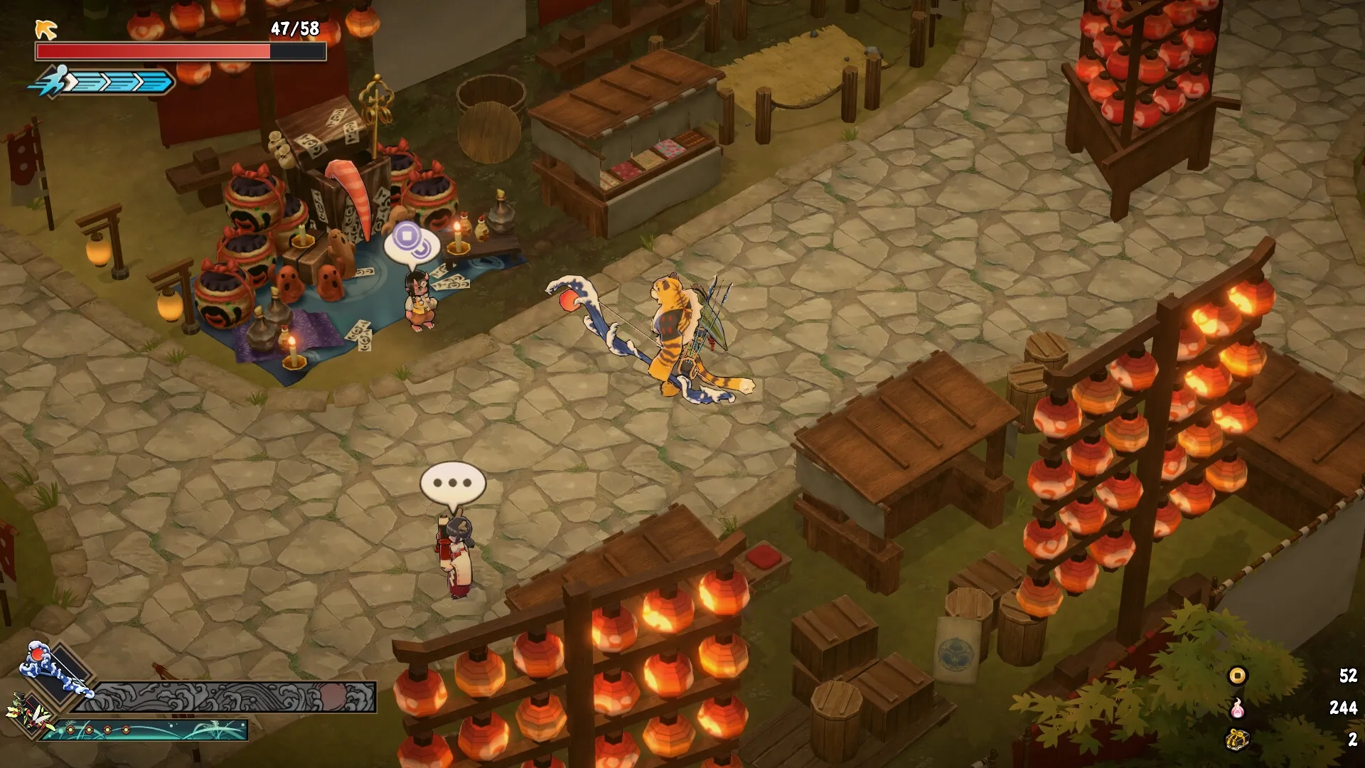 Yasha: Character with tiger tail exploring lantern-lit market, interacting with vendor under red lanterns.