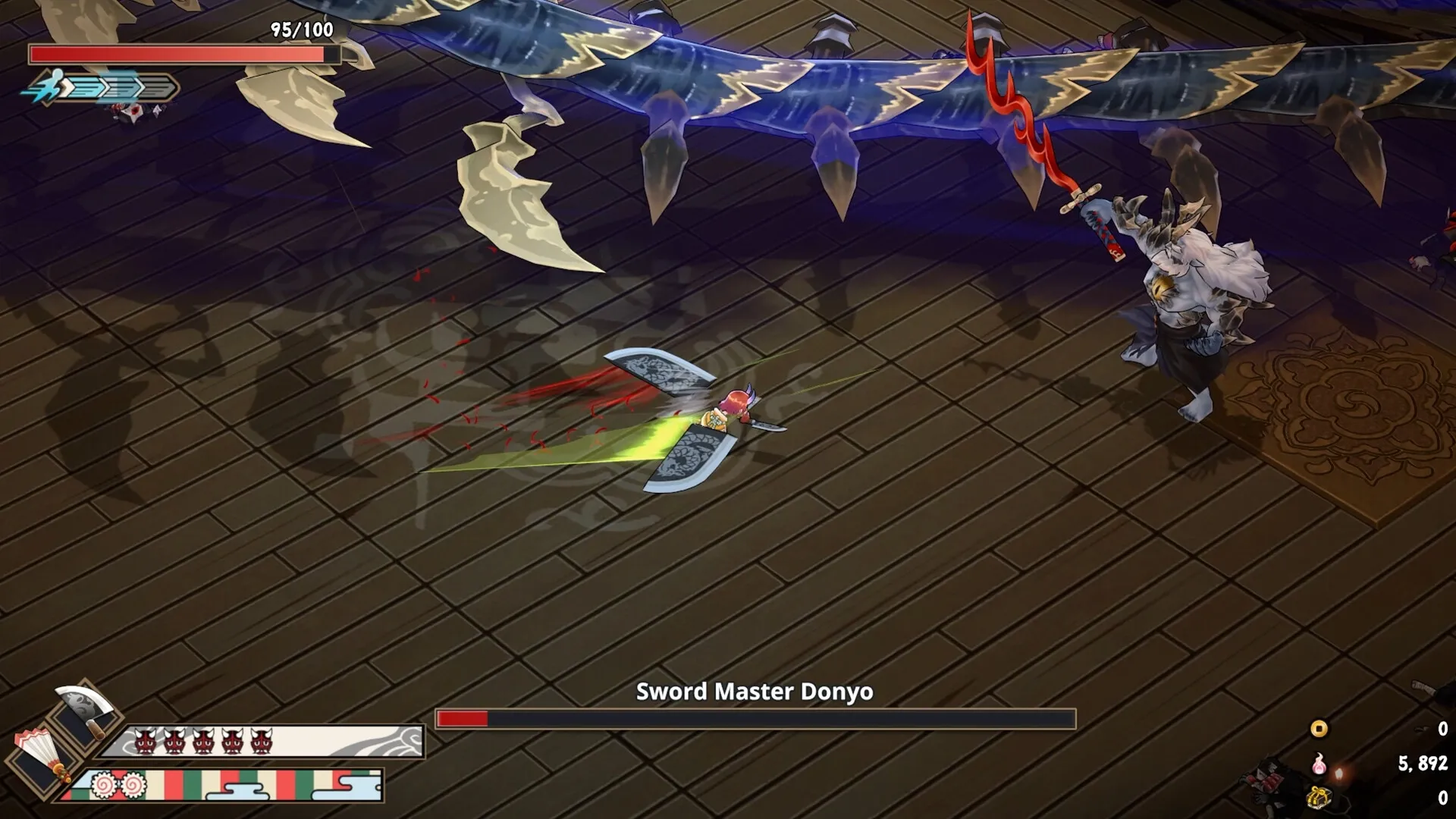 Yasha: Player character battles Sword Master Donyo on wooden floor, health bars and UI visible.
