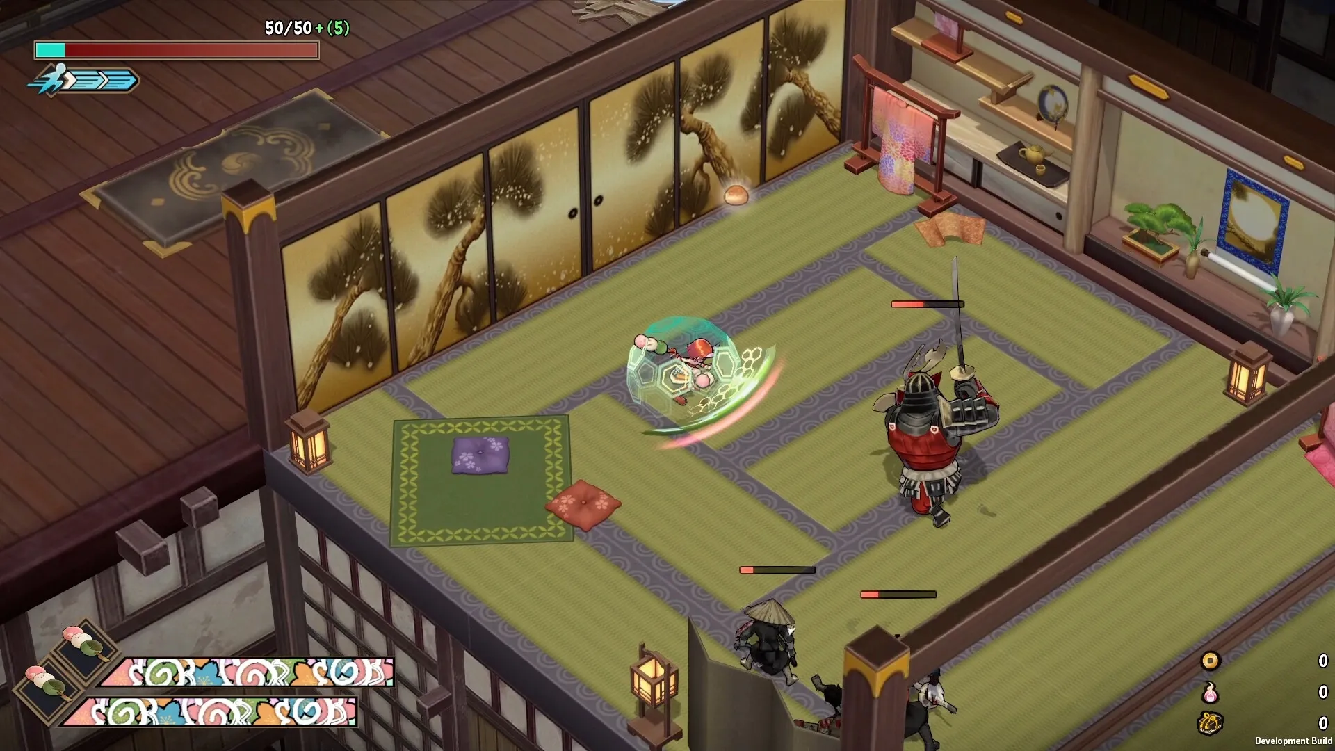 Yasha: Player character in combat with samurai enemies inside a traditional Japanese tatami room