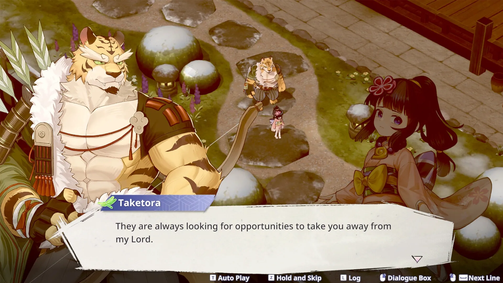Yasha: Taketora engages in dialogue with a young girl in a serene garden setting during daytime.