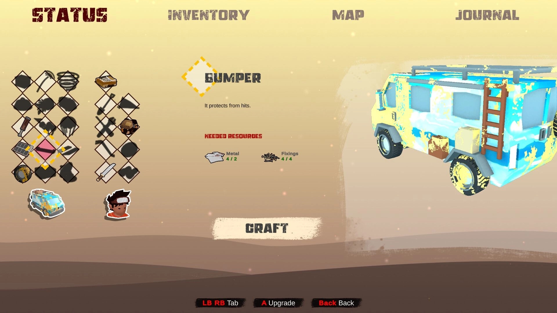 Yashi: Inventory crafting screen selecting Bumper upgrade with van preview and resource counts on desert UI.