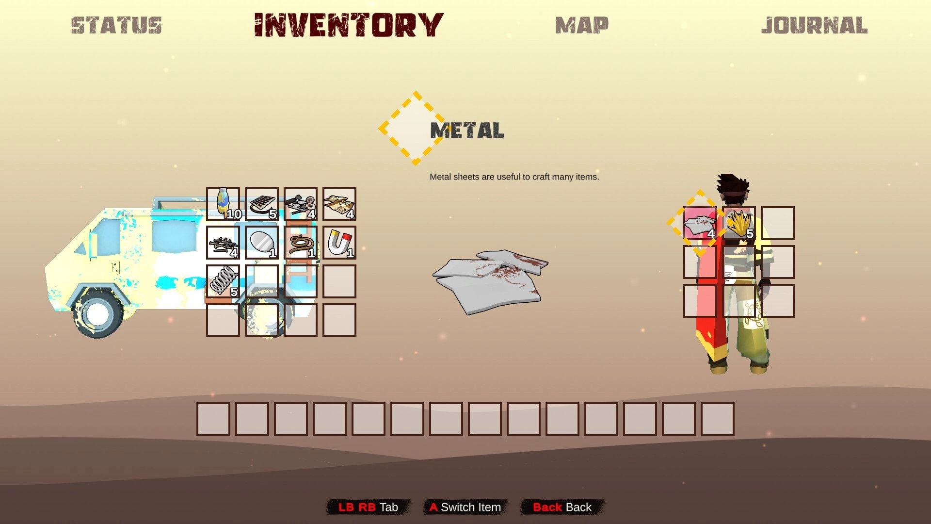 Yashi: Inventory screen highlighting metal sheets, with van storage and character slots on desert backdrop.