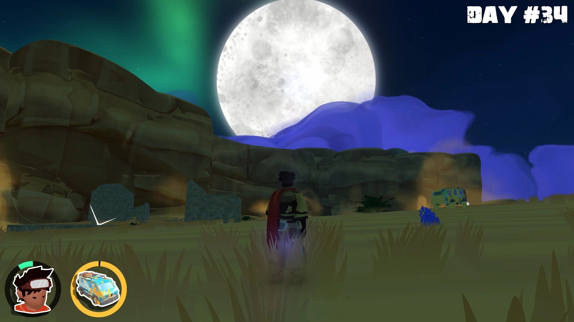Yashi: Player stands by rocky cliffs under huge full moon, Day #34 UI and van icons at night.