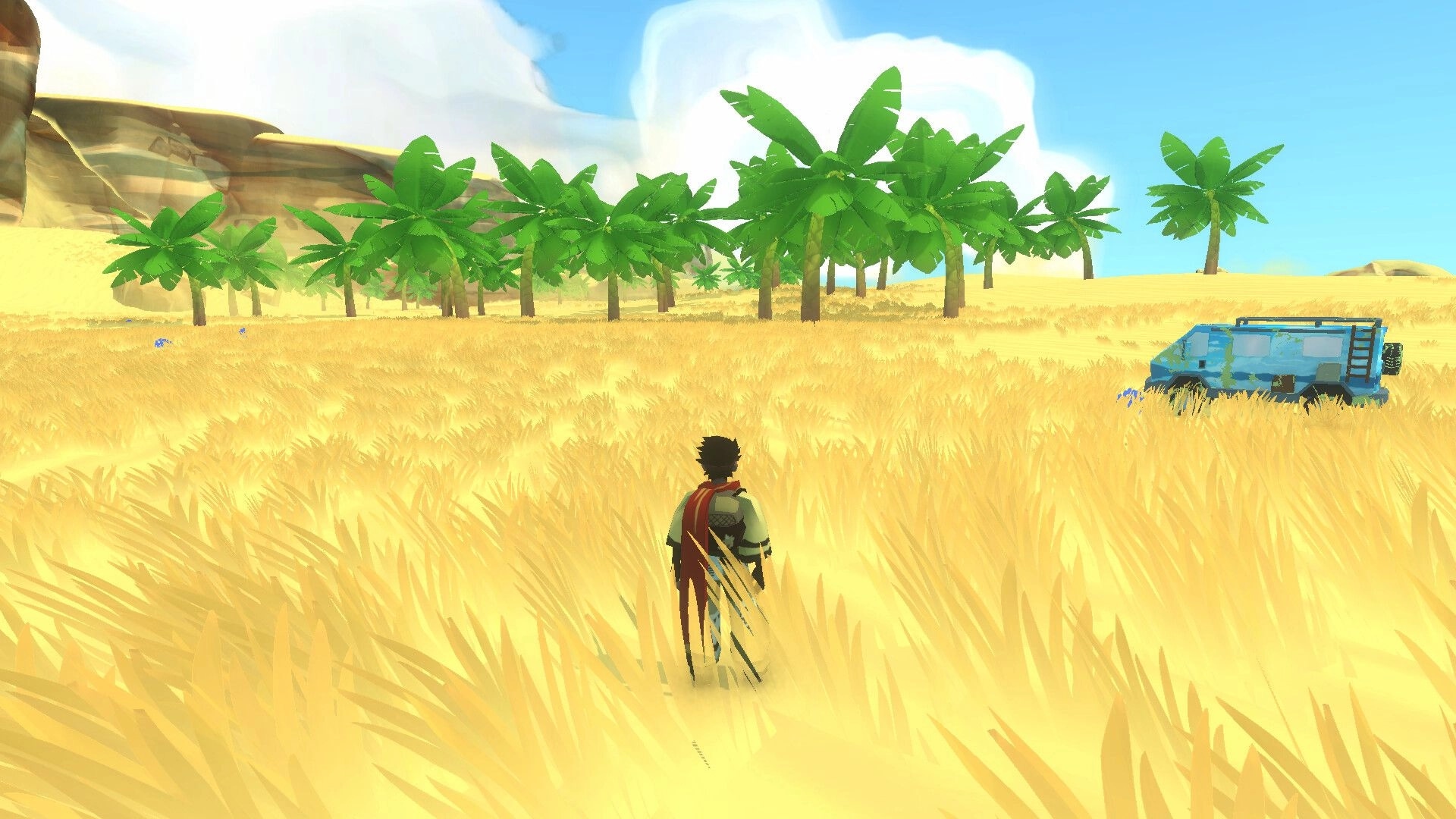 Yashi: Lone survivor walks through tall golden grass toward a blue van near palm trees in desert oasis.