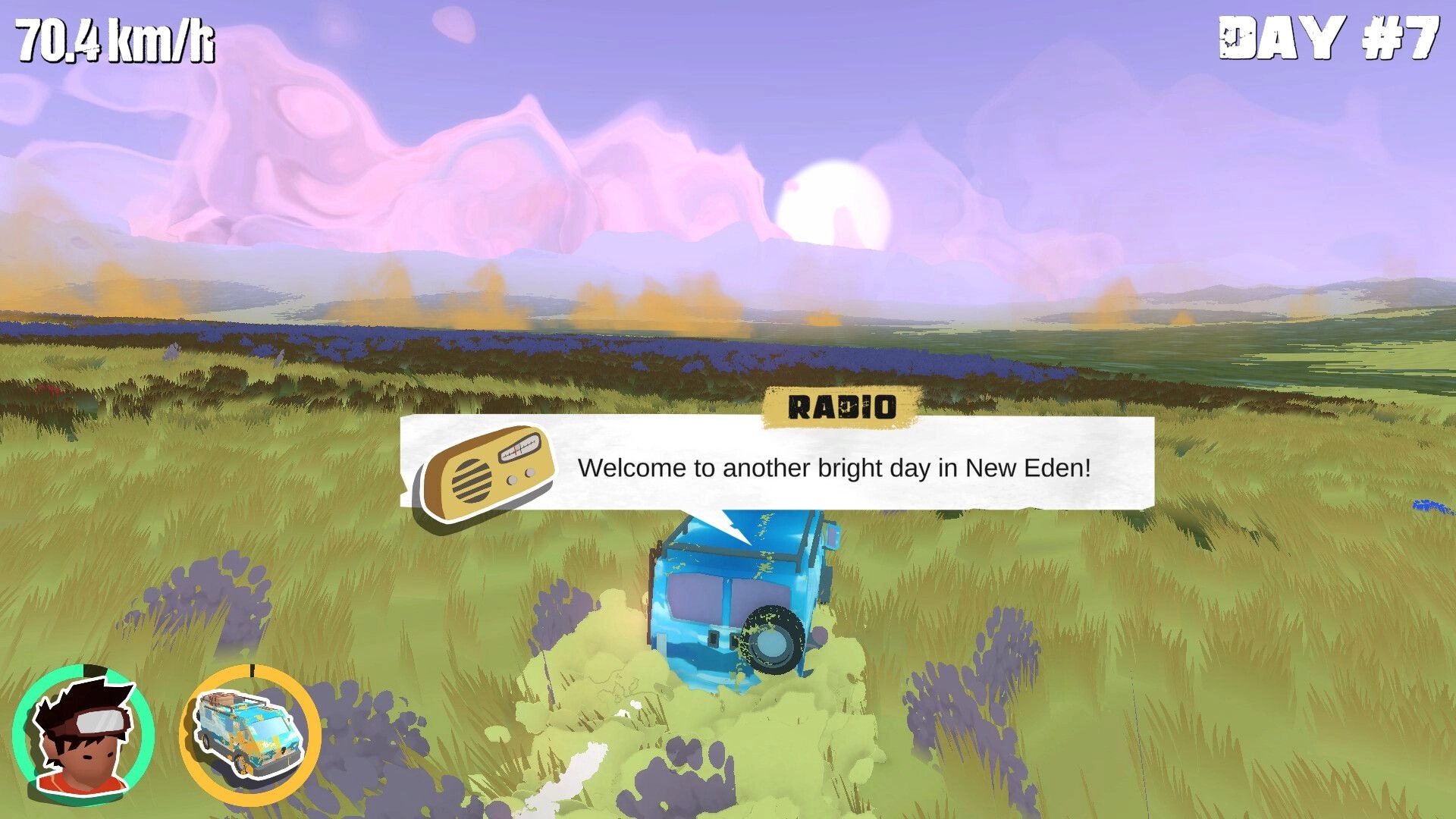 Yashi: Van speeds at 70.4 km/h as RADIO message appears on Day 7 across grassy plains at dawn.