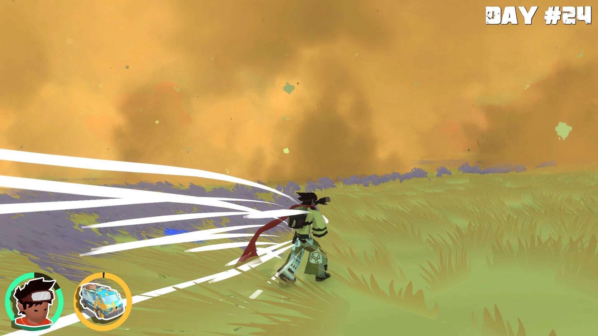 Yashi: Character braces in strong wind as dust storm rolls over grassy dunes, Day #24 UI visible.