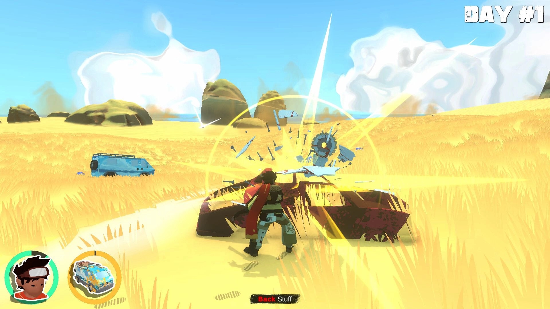 Yashi: Player smashes scrap with a glowing strike near a crashed car in sunny desert, Day #1 UI.