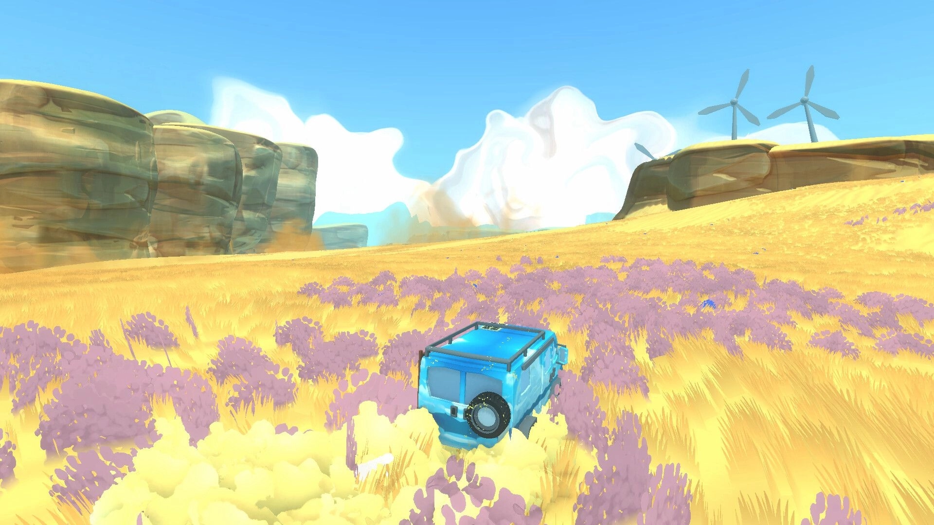 Yashi: Blue van drives through golden desert grass near cliffs, wind turbines ahead under bright sky.