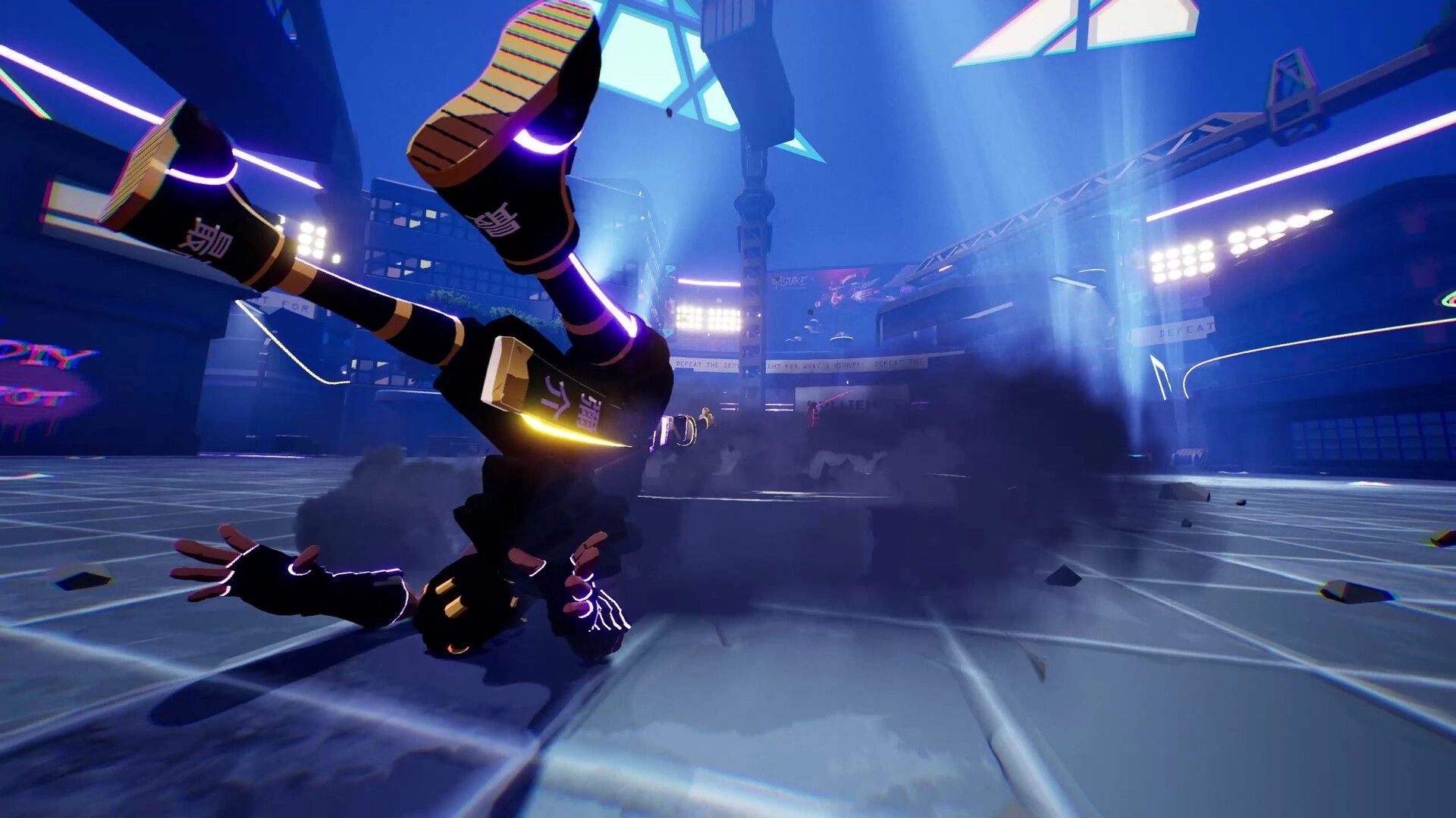 YASUKE: Character performing a dynamic flip in a neon-lit futuristic arena with smoke and lights.