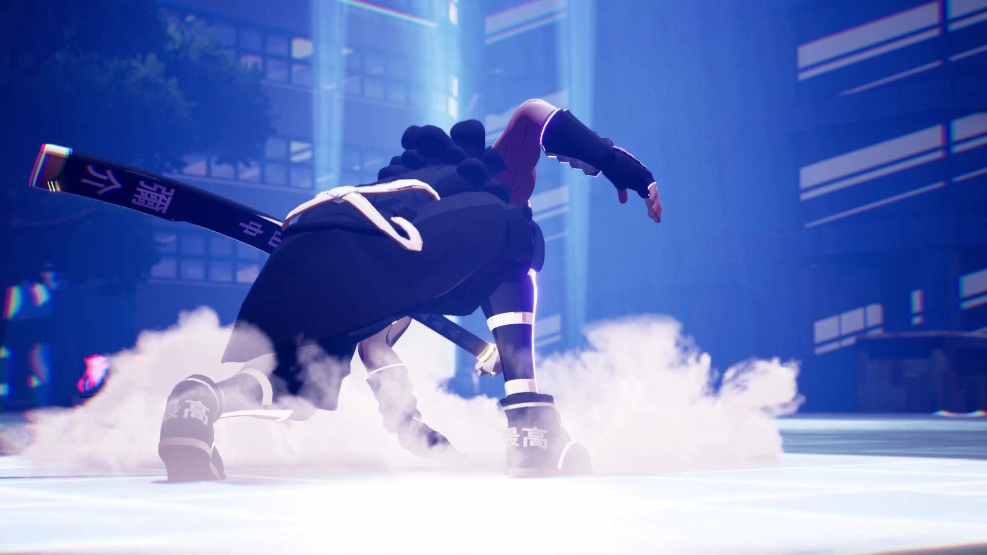 YASUKE: Character sliding on ground with sword drawn, amidst smoke in a futuristic cityscape.
