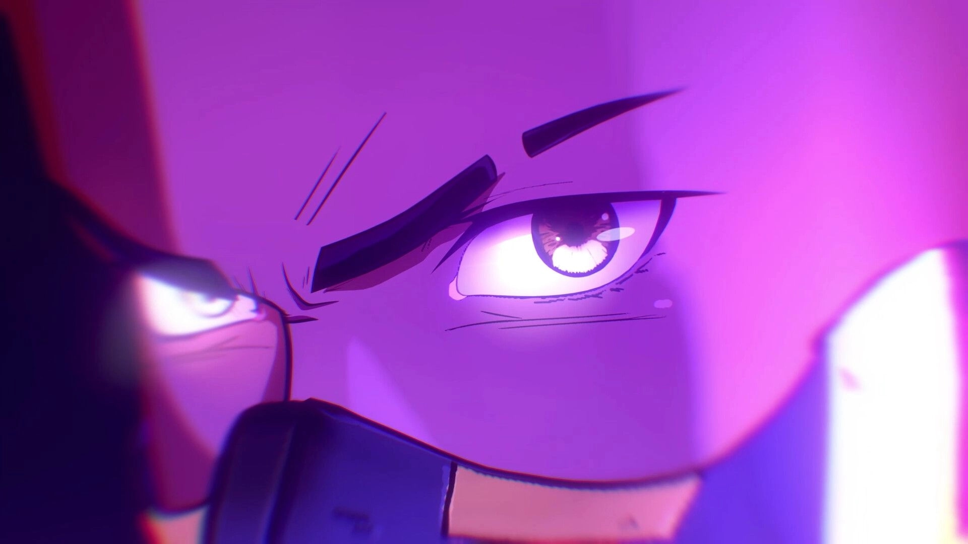 YASUKE: Intense close-up of character's eye with purple lighting, reflecting a determined expression