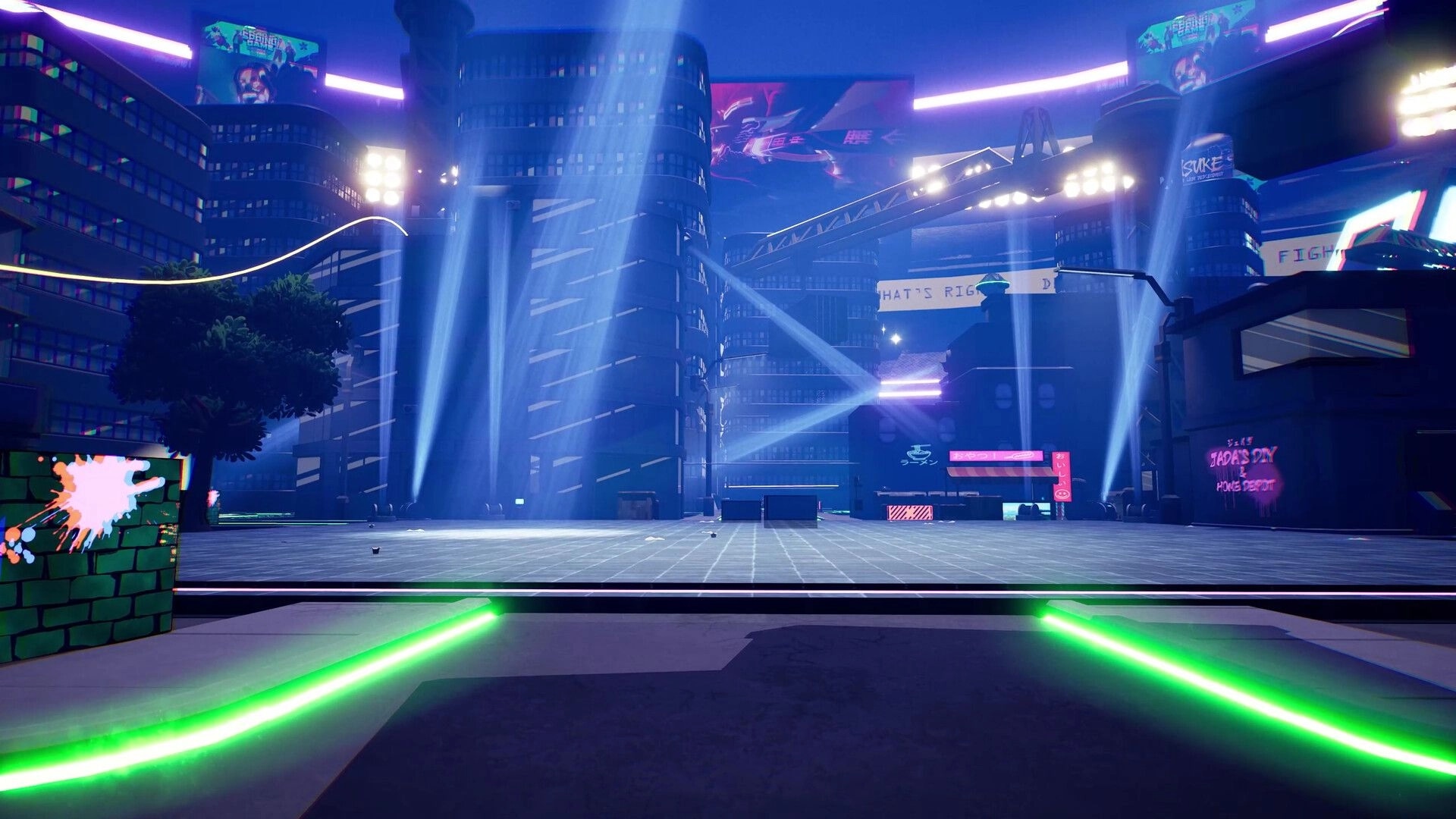 YASUKE: Futuristic cityscape with neon lights and skyscrapers, featuring graffiti and illuminated billboards