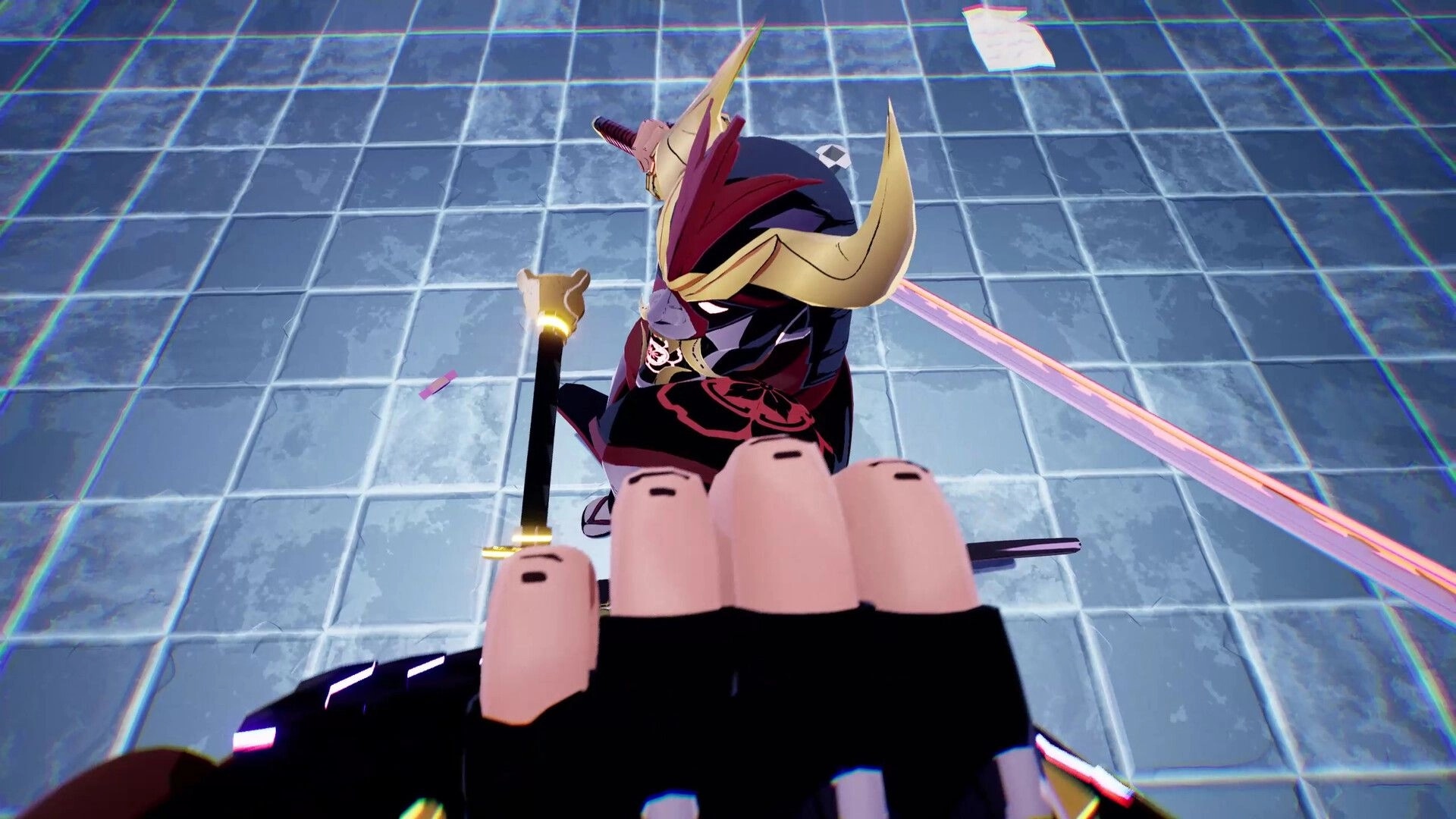 YASUKE: First-person sword combat against armored enemy in a futuristic tiled arena