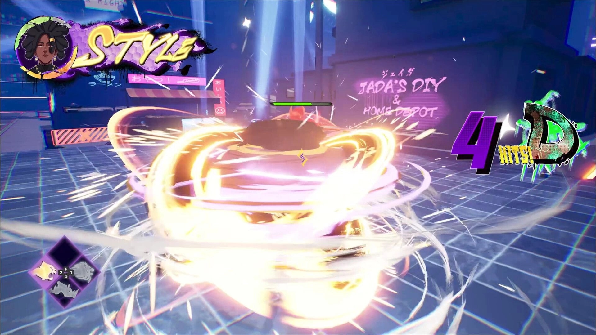 YASUKE: Character executing spinning attack in neon-lit urban environment with style meter and combo count displayed.