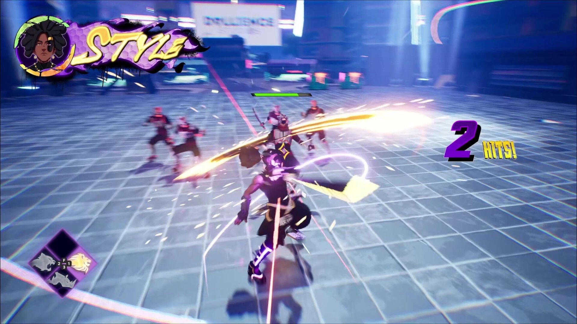 YASUKE: Intense sword combat with energy trail effects in futuristic arena, style gauge at top left