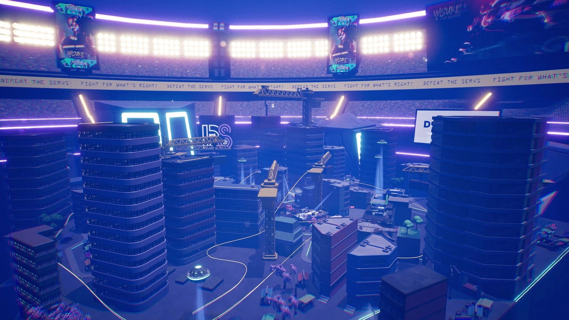 YASUKE: Futuristic cityscape arena with neon lights, billboards, and towering skyscrapers in view